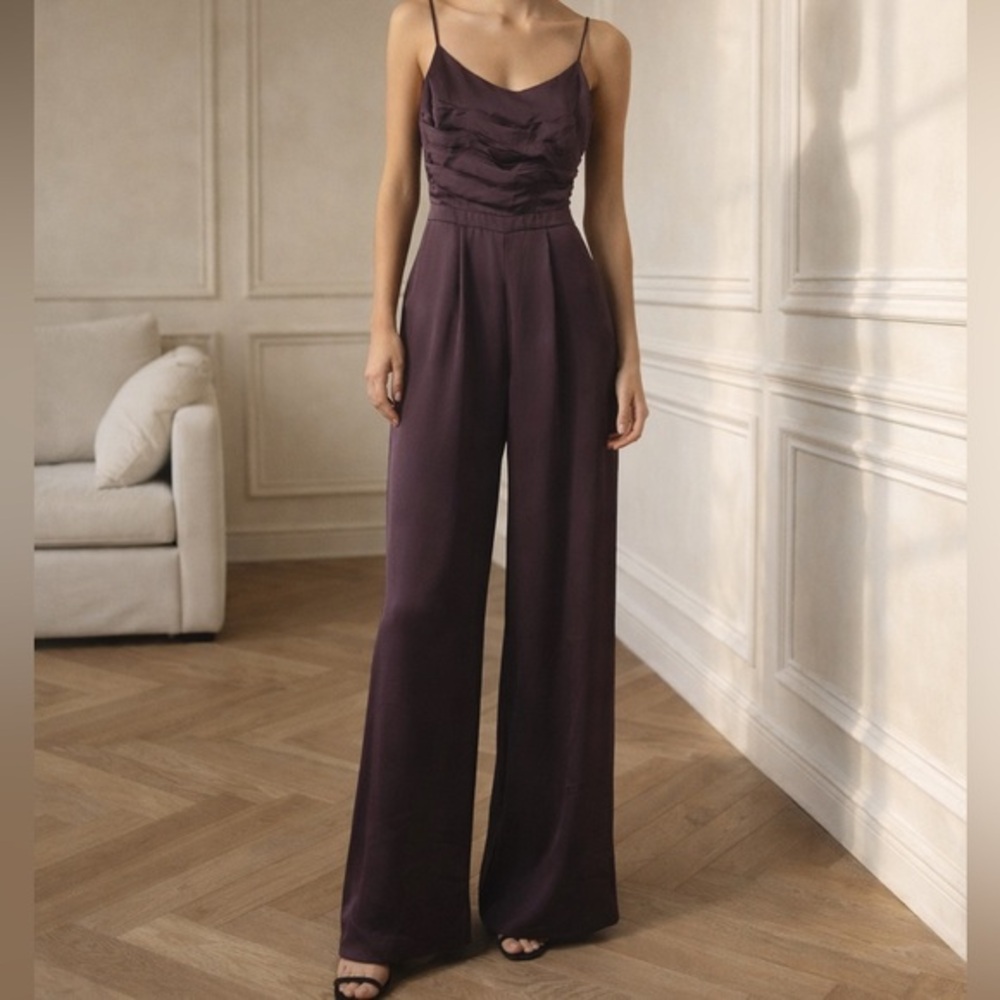 Ramy Brook Ezra Satin Wide Leg Jumpsuit Raisin Purple Evening Cocktail